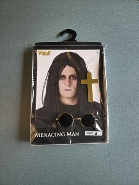 Ozzy Start Up Costume Set-Black Wig, Black Sunglasses, and Gold Cross